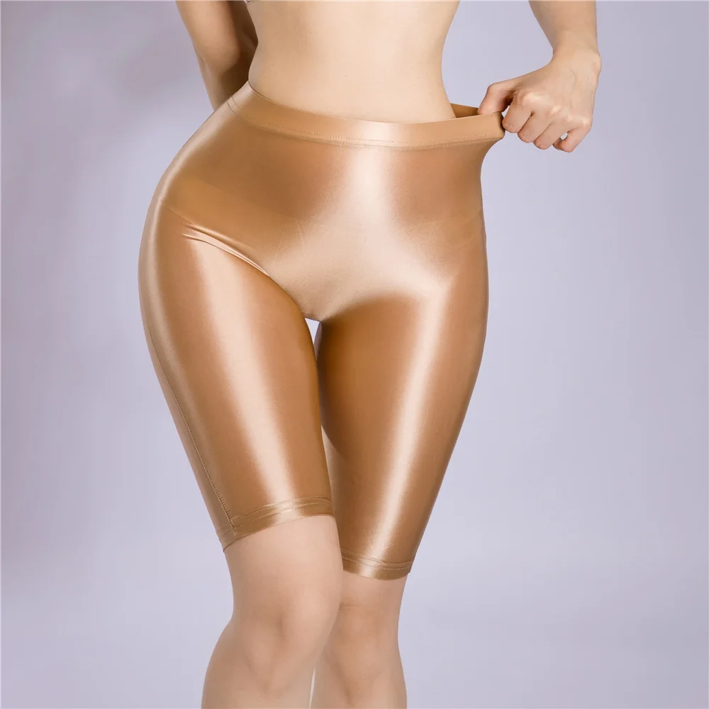 Sexy Women Yoga Pant Oil Glossy Shiny Shpping Leggings Sheer See Through Soft Elastic Casual Tight Knee-Length Shorts