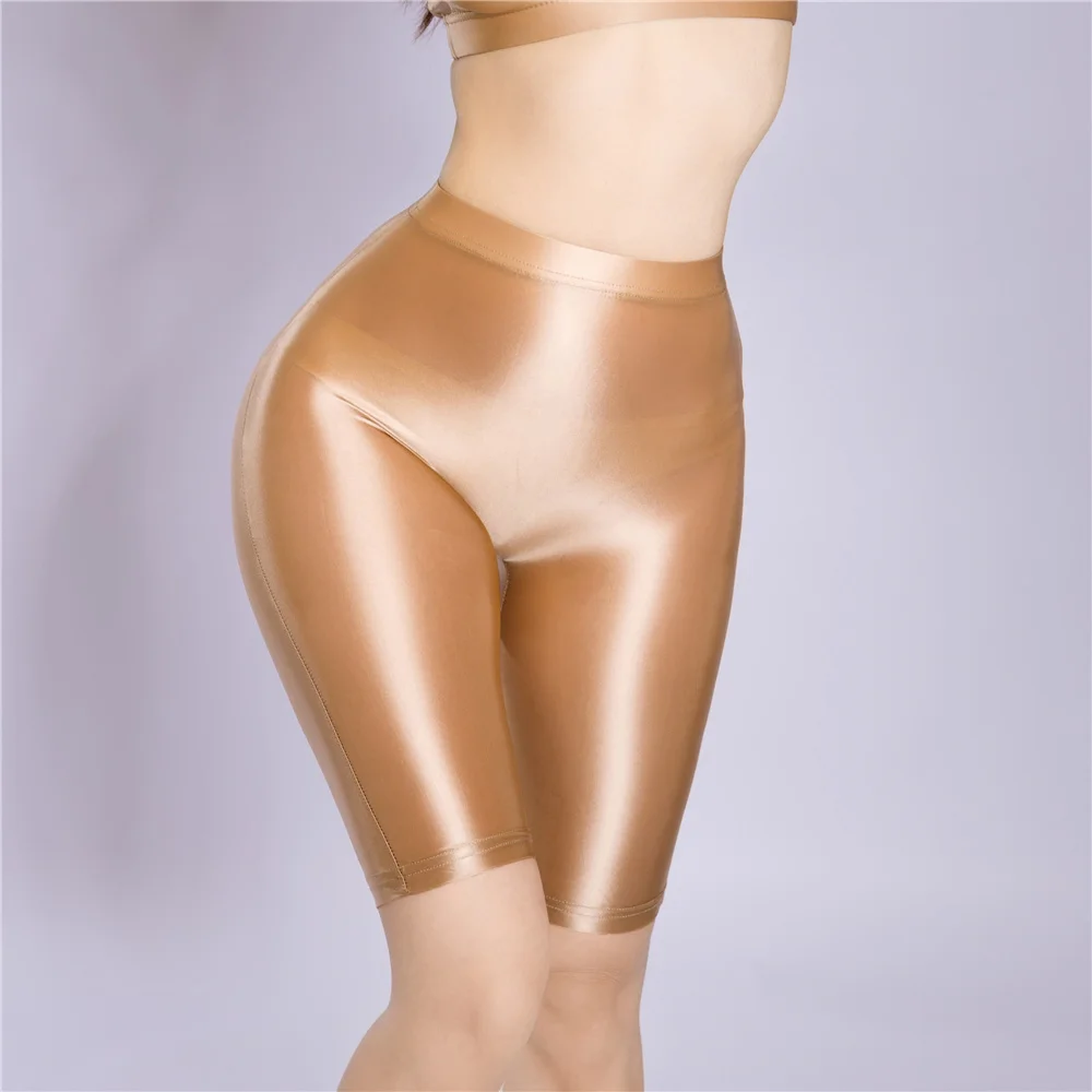 Sexy Women Yoga Pant Oil Glossy Shiny Shpping Leggings Sheer See Through Soft Elastic Casual Tight Knee-Length Shorts