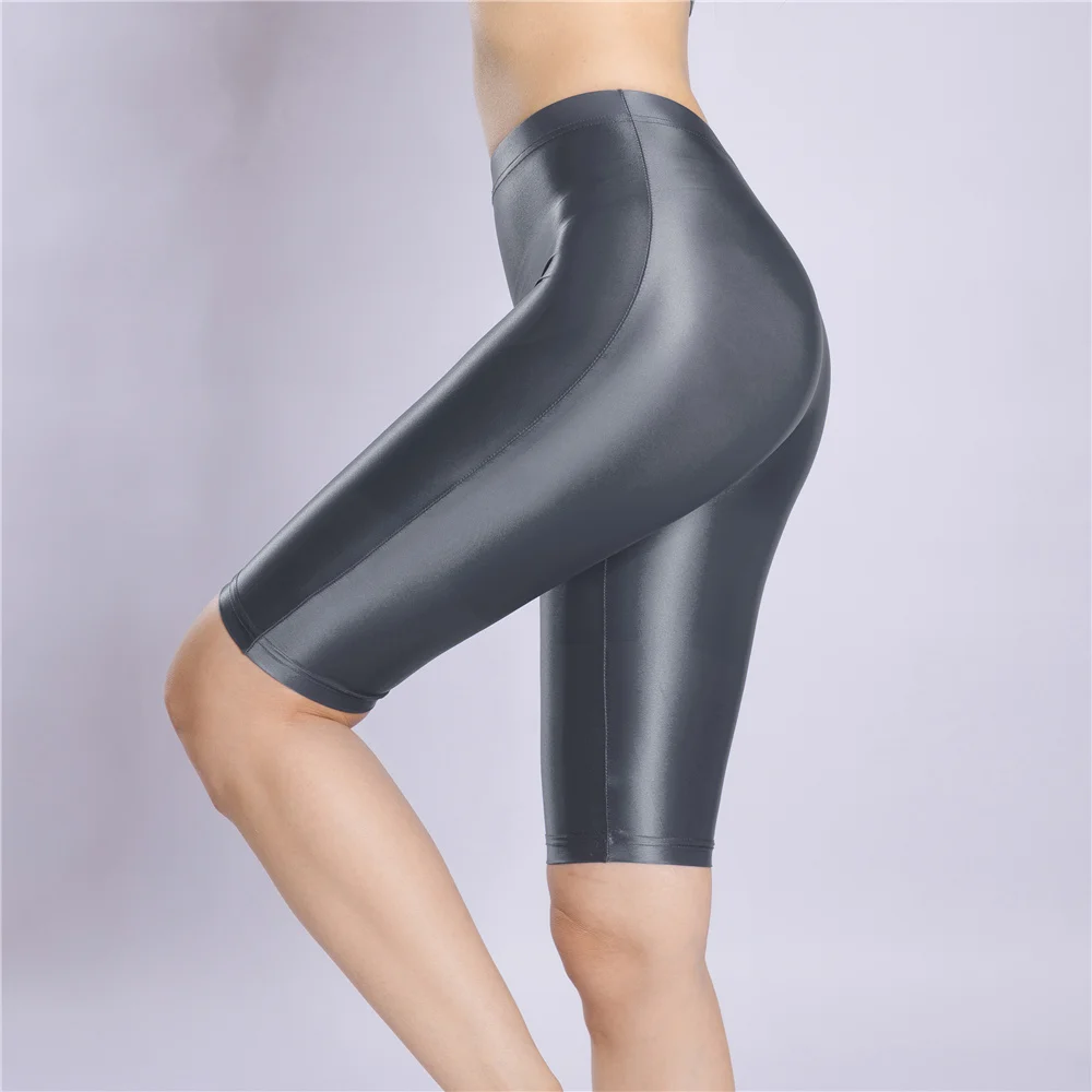 Sexy Women Yoga Pant Oil Glossy Shiny Shpping Leggings Sheer See Through Soft Elastic Casual Tight Knee-Length Shorts