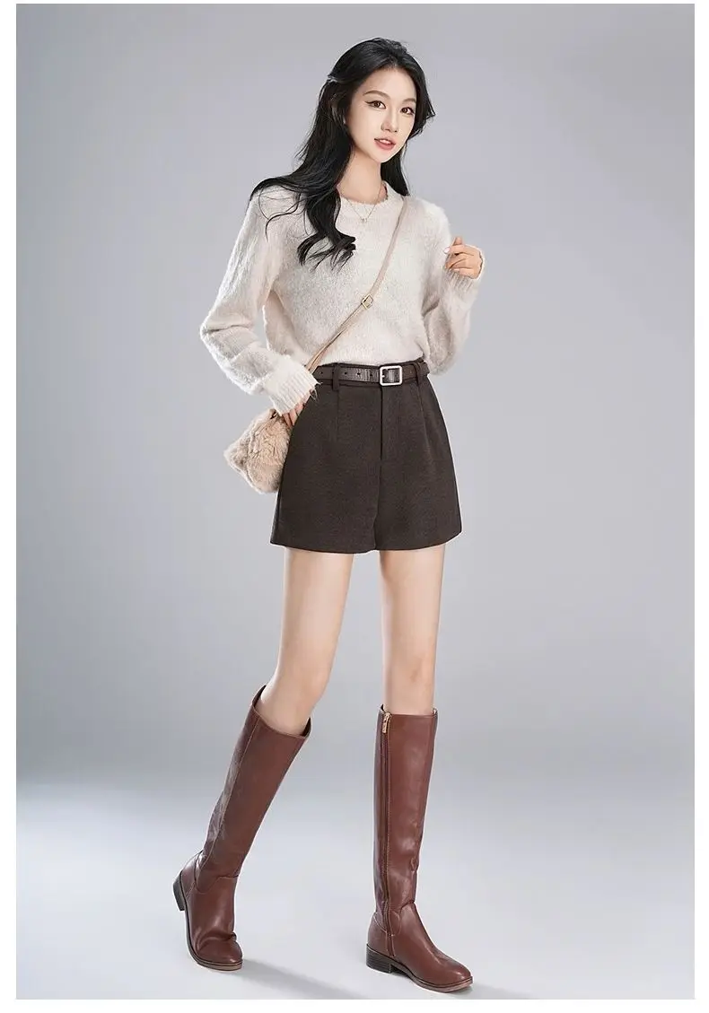 Women's High Waisted Woolen Shorts For Autumn Winter 2026 New Black Loose Casual Wide Leg A-line Boot Pants Female