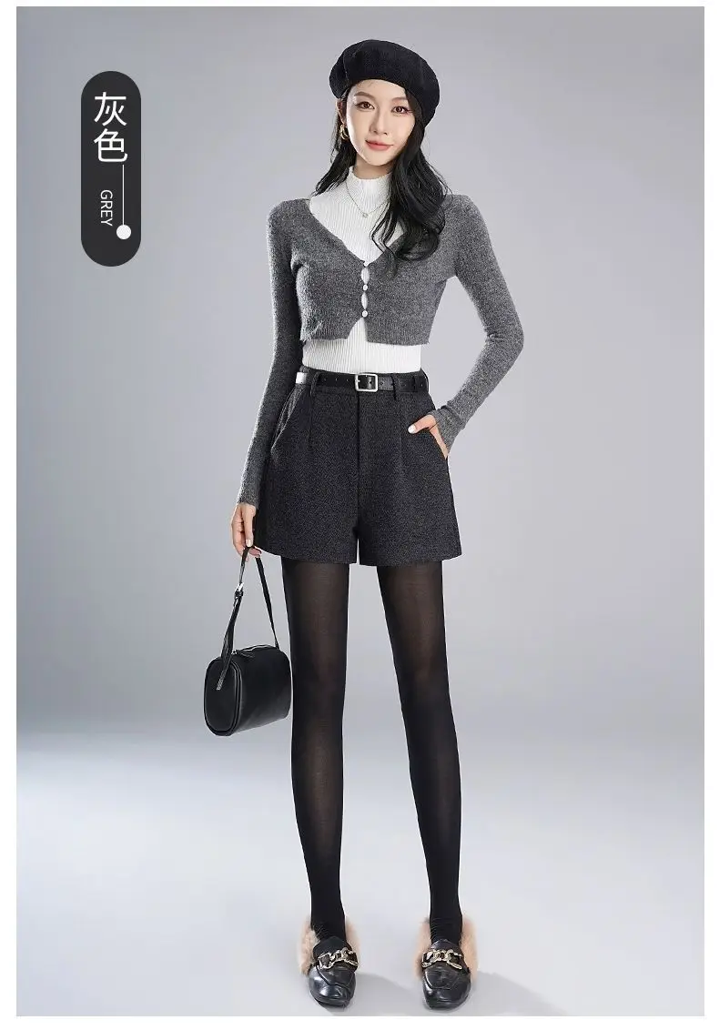 Women's High Waisted Woolen Shorts For Autumn Winter 2026 New Black Loose Casual Wide Leg A-line Boot Pants Female