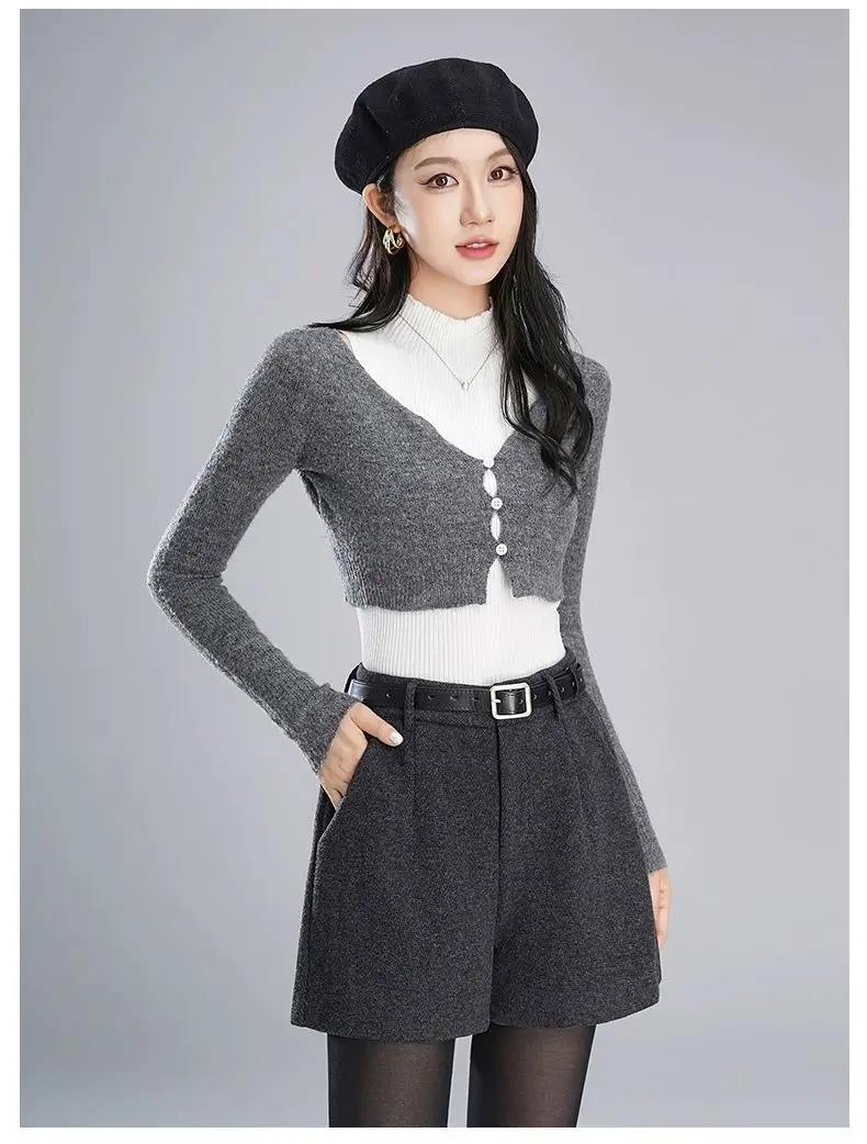 Women's High Waisted Woolen Shorts For Autumn Winter 2026 New Black Loose Casual Wide Leg A-line Boot Pants Female