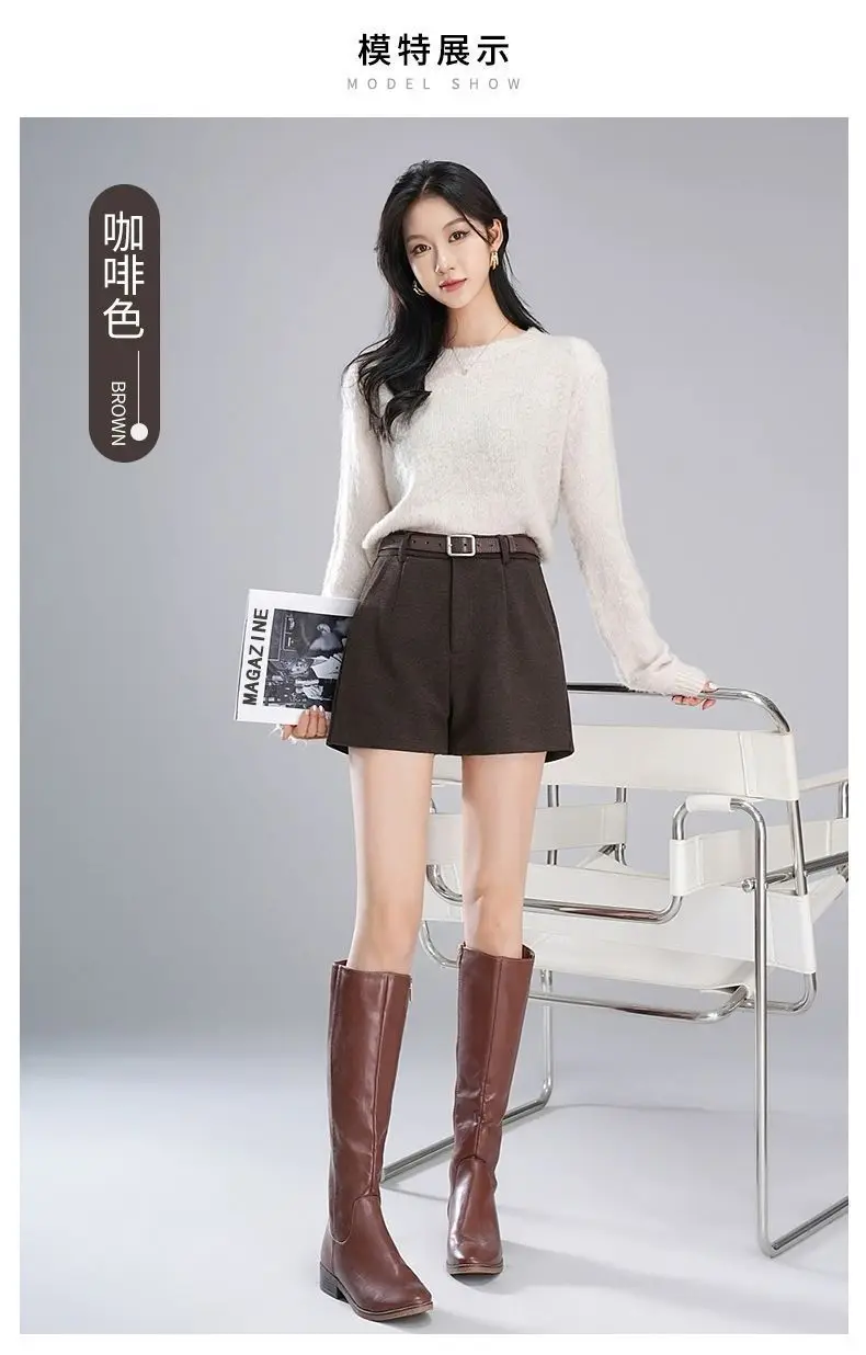 Women's High Waisted Woolen Shorts For Autumn Winter 2026 New Black Loose Casual Wide Leg A-line Boot Pants Female