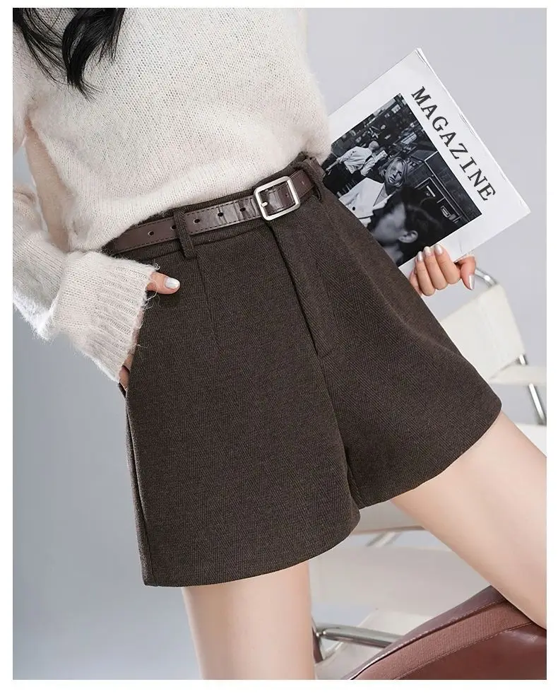 Women's High Waisted Woolen Shorts For Autumn Winter 2026 New Black Loose Casual Wide Leg A-line Boot Pants Female