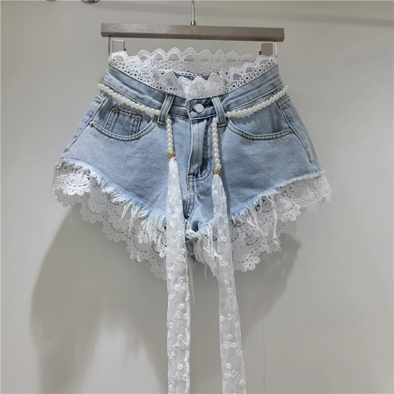 2026 Summer New Arrivals: Crochet Lace Trim Slimming Raw Hem Denim Shorts + Pearl Belt, Hot Pants for Women, Pink Shorts