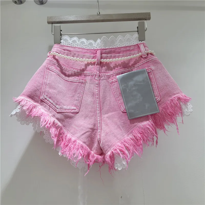 2026 Summer New Arrivals: Crochet Lace Trim Slimming Raw Hem Denim Shorts + Pearl Belt, Hot Pants for Women, Pink Shorts