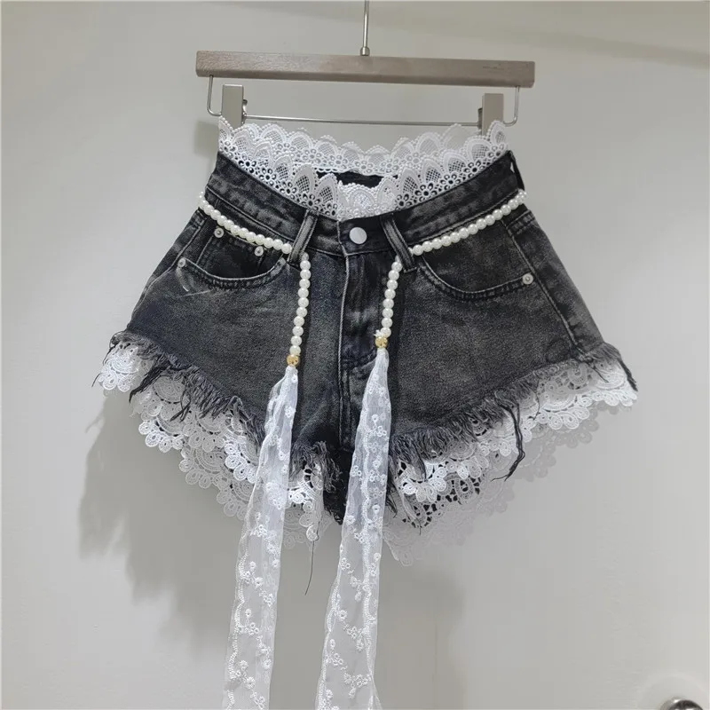 2026 Summer New Arrivals: Crochet Lace Trim Slimming Raw Hem Denim Shorts + Pearl Belt, Hot Pants for Women, Pink Shorts