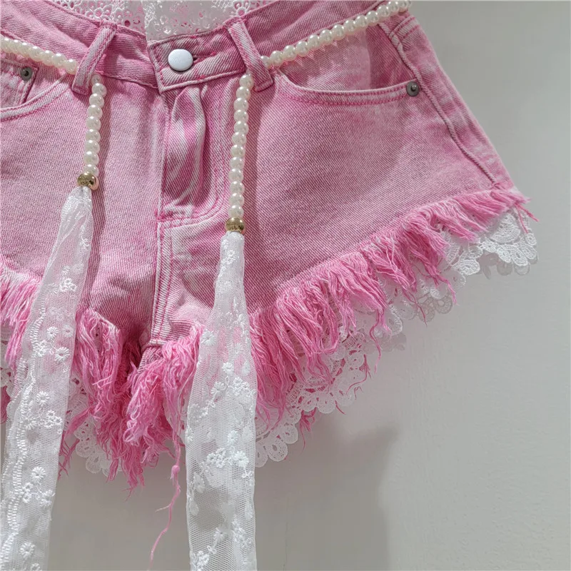 2026 Summer New Arrivals: Crochet Lace Trim Slimming Raw Hem Denim Shorts + Pearl Belt, Hot Pants for Women, Pink Shorts