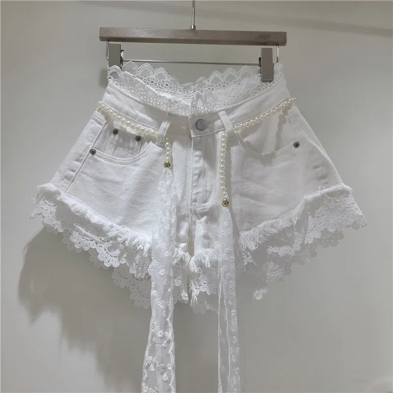 2026 Summer New Arrivals: Crochet Lace Trim Slimming Raw Hem Denim Shorts + Pearl Belt, Hot Pants for Women, Pink Shorts