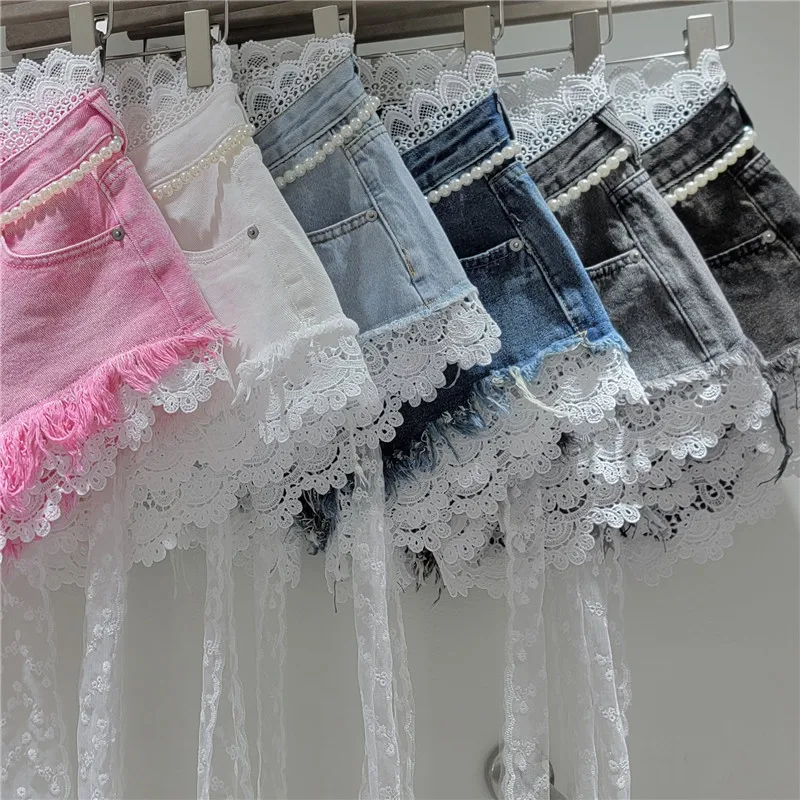 2026 Summer New Arrivals: Crochet Lace Trim Slimming Raw Hem Denim Shorts + Pearl Belt, Hot Pants for Women, Pink Shorts