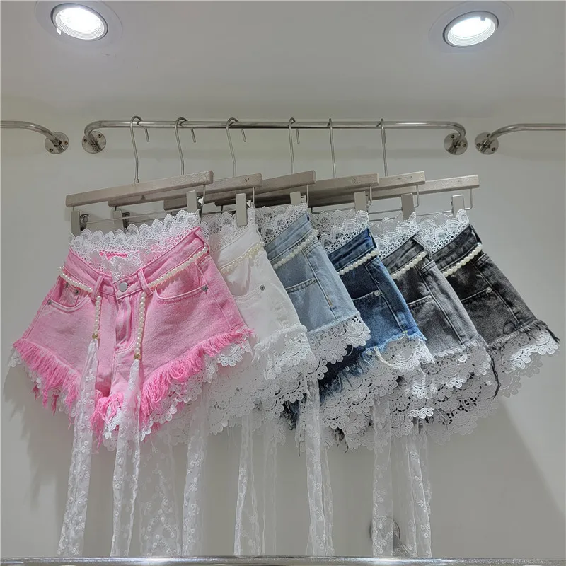 2026 Summer New Arrivals: Crochet Lace Trim Slimming Raw Hem Denim Shorts + Pearl Belt, Hot Pants for Women, Pink Shorts
