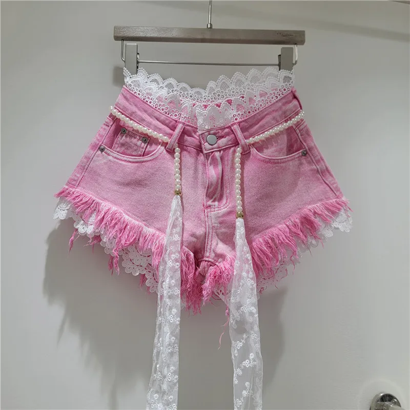 2026 Summer New Arrivals: Crochet Lace Trim Slimming Raw Hem Denim Shorts + Pearl Belt, Hot Pants for Women, Pink Shorts