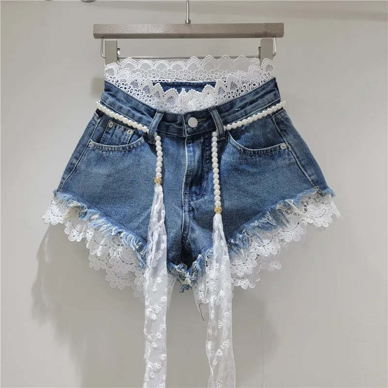 2026 Summer New Arrivals: Crochet Lace Trim Slimming Raw Hem Denim Shorts + Pearl Belt, Hot Pants for Women, Pink Shorts