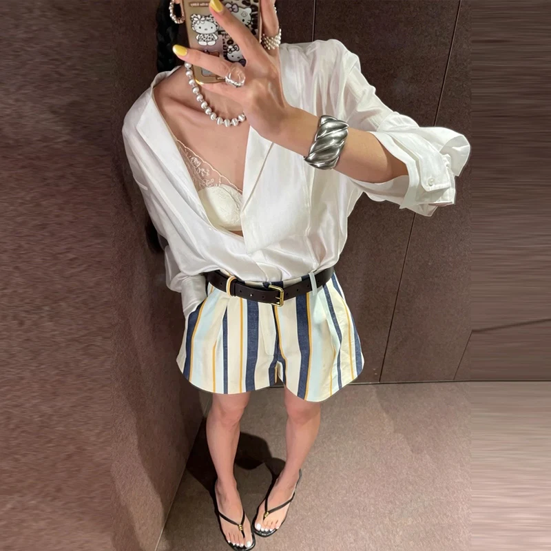 Fashion Women's Contrasting Striped Short Loose High Waisted Button All-match Mini Shorts 2026 Summer Lady Holiday Beach Clothes