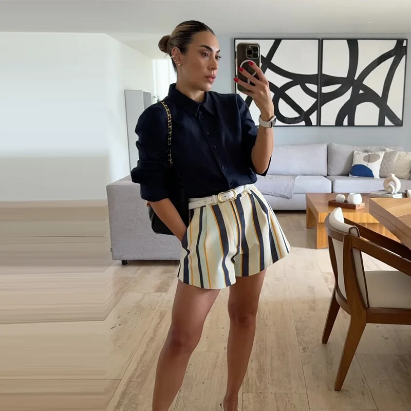 Fashion Women's Contrasting Striped Short Loose High Waisted Button All-match Mini Shorts 2026 Summer Lady Holiday Beach Clothes