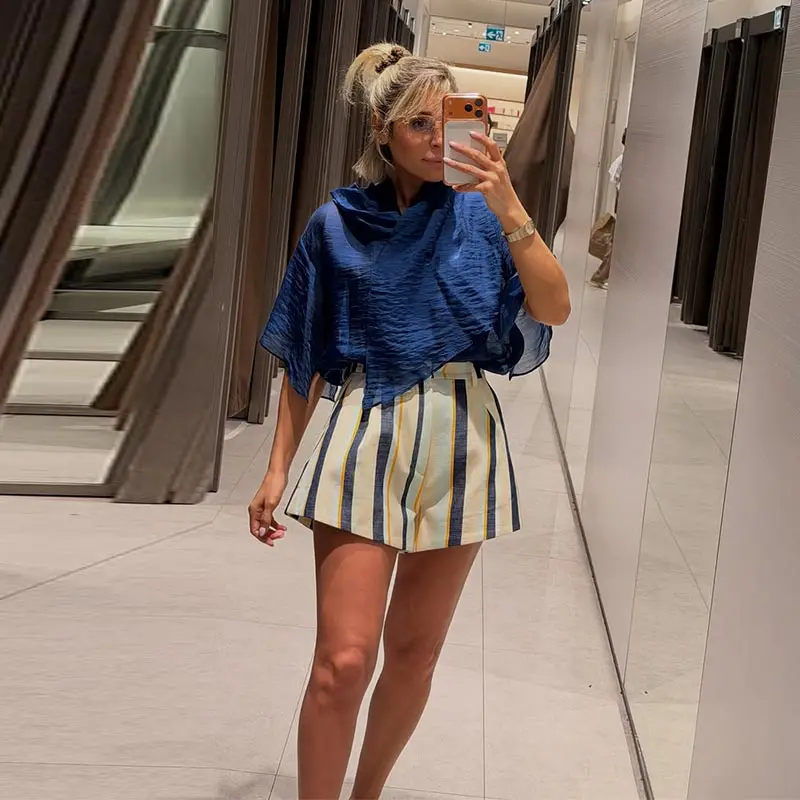 Fashion Women's Contrasting Striped Short Loose High Waisted Button All-match Mini Shorts 2026 Summer Lady Holiday Beach Clothes