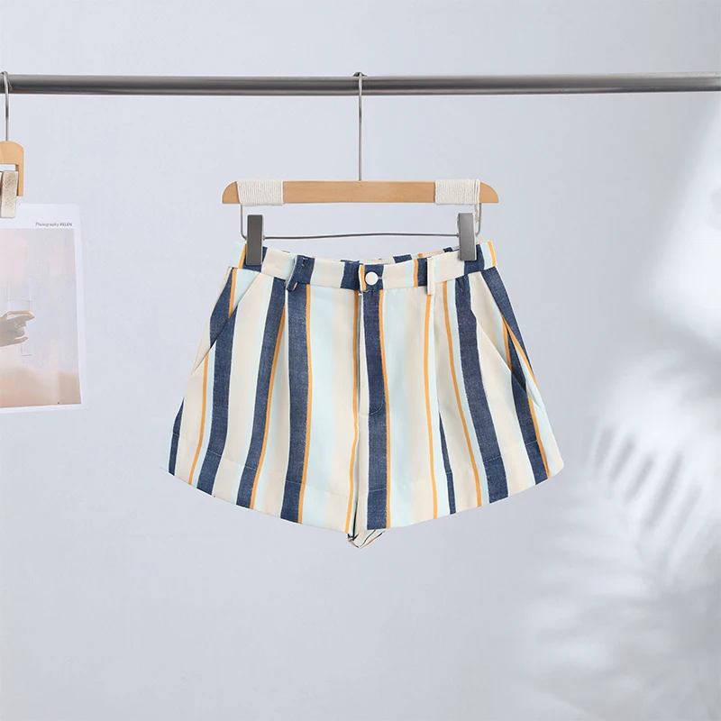 Fashion Women's Contrasting Striped Short Loose High Waisted Button All-match Mini Shorts 2026 Summer Lady Holiday Beach Clothes