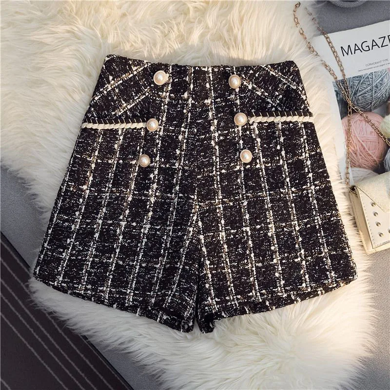 Vintage Plaid Women Tweed Shorts Spring High Waist Office Lady Casual A Line Pants Y2K Harajuku All Match Blend Wide Leg Shorts