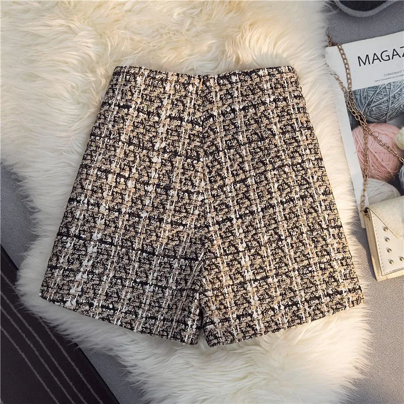 Vintage Plaid Women Tweed Shorts Spring High Waist Office Lady Casual A Line Pants Y2K Harajuku All Match Blend Wide Leg Shorts