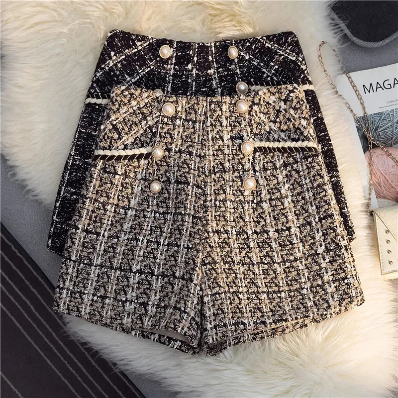 Vintage Plaid Women Tweed Shorts Spring High Waist Office Lady Casual A Line Pants Y2K Harajuku All Match Blend Wide Leg Shorts