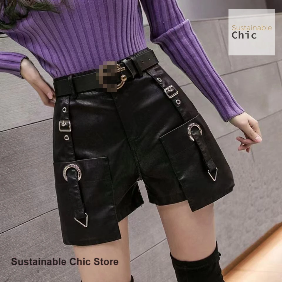 Korean version of women's autumn and winter wear leather shorts new high waist slim fashion Joker wide-leg PU leather shorts.