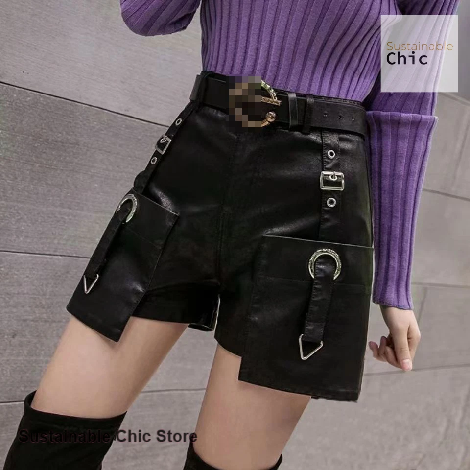 Korean version of women's autumn and winter wear leather shorts new high waist slim fashion Joker wide-leg PU leather shorts.