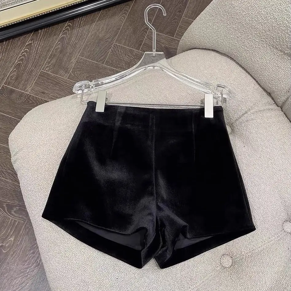 Wide Leg Black Velvet Shorts Pantalones Cortos De Mujer Shorts Feminino Femme Autumn Winter Ropa Mujer High Waisted