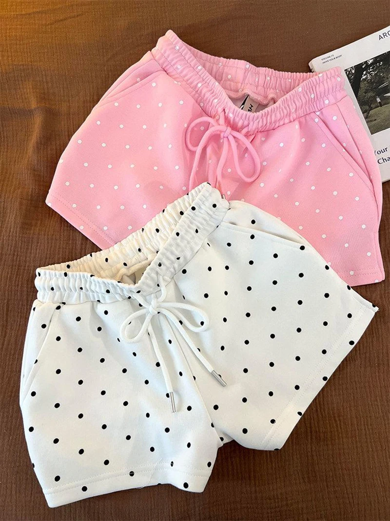 Summer Dot Sweet Shorts Women Loose Fashion Preppy Style Cute Shorts Casual High Waist Lace Up Chic Female Pockets Kawaii Shorts