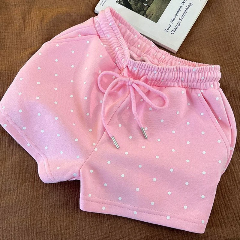 Summer Dot Sweet Shorts Women Loose Fashion Preppy Style Cute Shorts Casual High Waist Lace Up Chic Female Pockets Kawaii Shorts