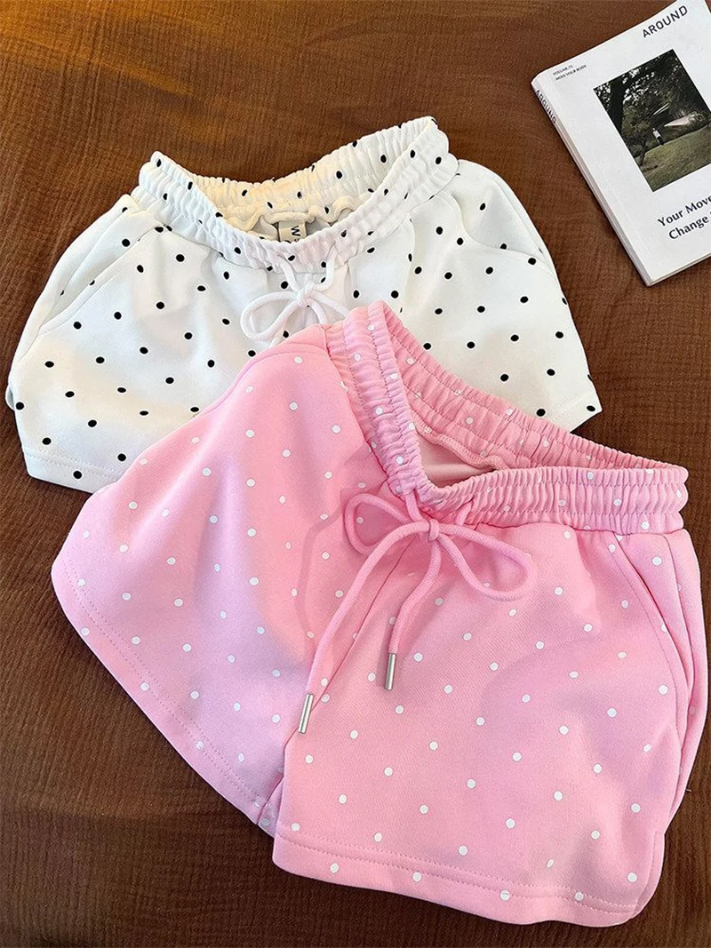 Summer Dot Sweet Shorts Women Loose Fashion Preppy Style Cute Shorts Casual High Waist Lace Up Chic Female Pockets Kawaii Shorts