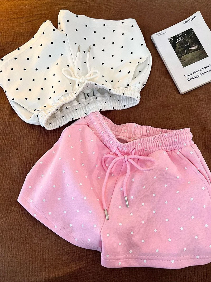 Summer Dot Sweet Shorts Women Loose Fashion Preppy Style Cute Shorts Casual High Waist Lace Up Chic Female Pockets Kawaii Shorts
