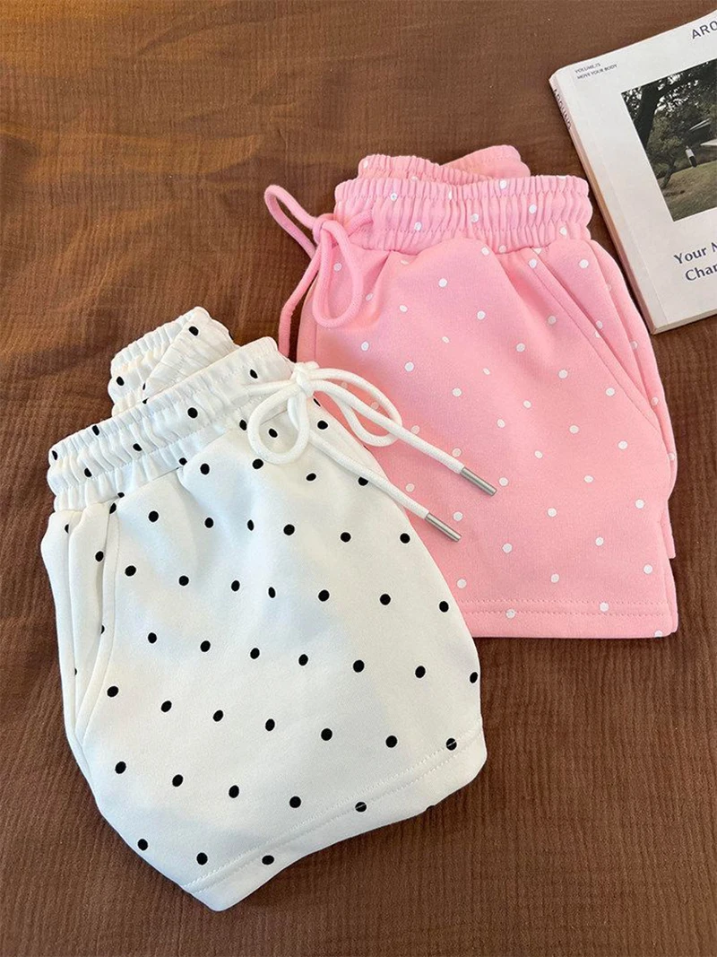 Summer Dot Sweet Shorts Women Loose Fashion Preppy Style Cute Shorts Casual High Waist Lace Up Chic Female Pockets Kawaii Shorts