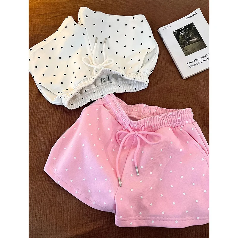 Summer Dot Sweet Shorts Women Loose Fashion Preppy Style Cute Shorts Casual High Waist Lace Up Chic Female Pockets Kawaii Shorts