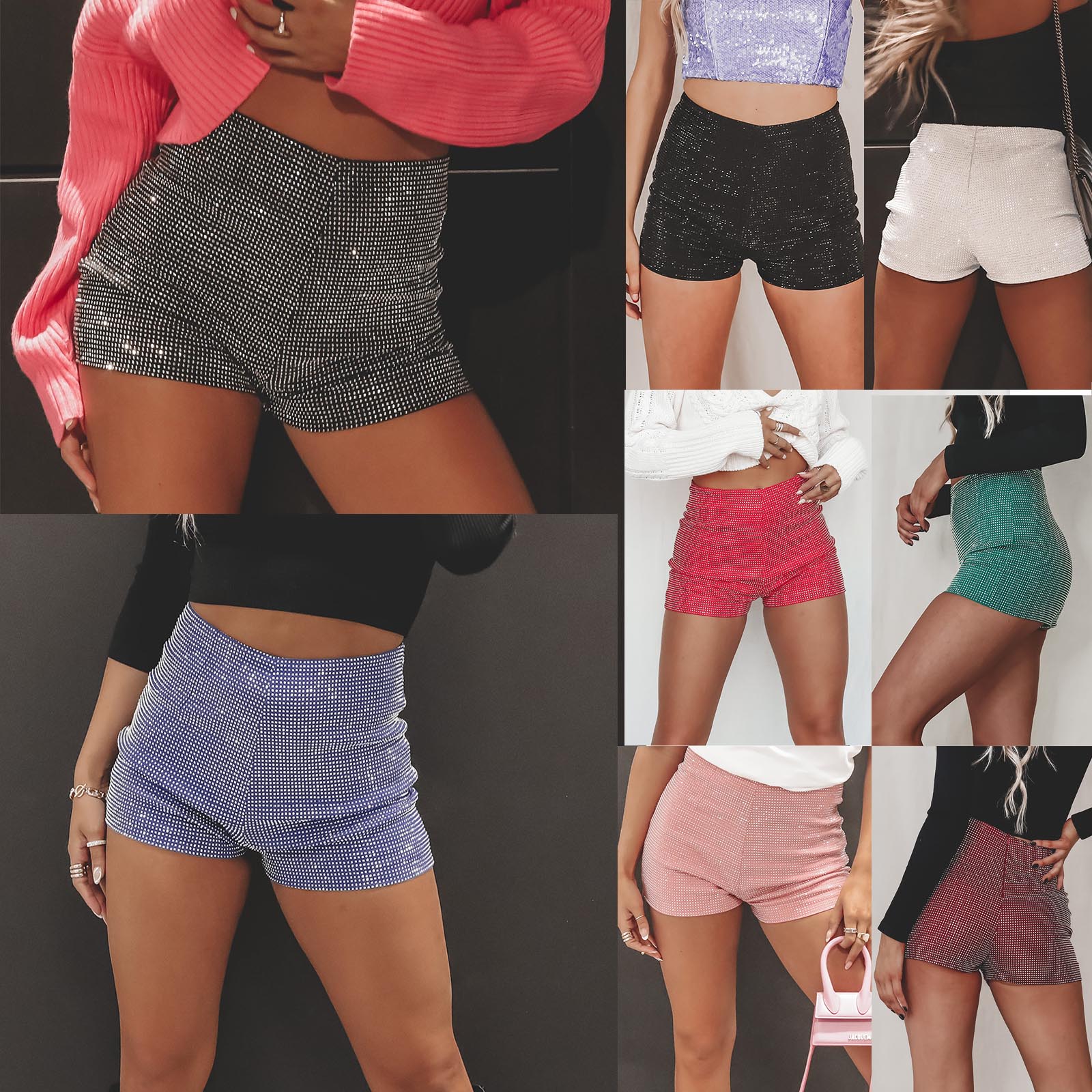 Women Sparkle Mini Shorts Sequined Party High Waist Rhinestone Trim Sexy Bodycon Shorts Clubwear Bottoms Dance Disco