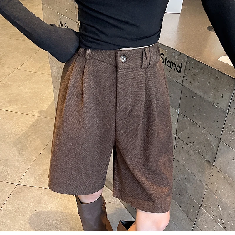Vintage Autumn Winter Woolen Bermuda Shorts Women Elastic High Waist Loose Casual Grey Shorts Female 2025 New Pocket Shorts