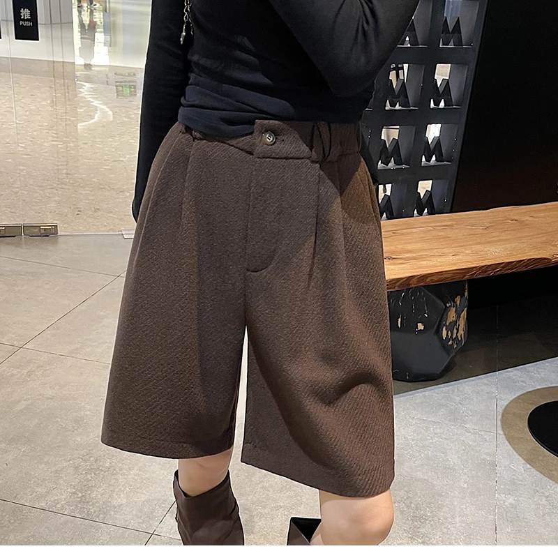 Vintage Autumn Winter Woolen Bermuda Shorts Women Elastic High Waist Loose Casual Grey Shorts Female 2025 New Pocket Shorts