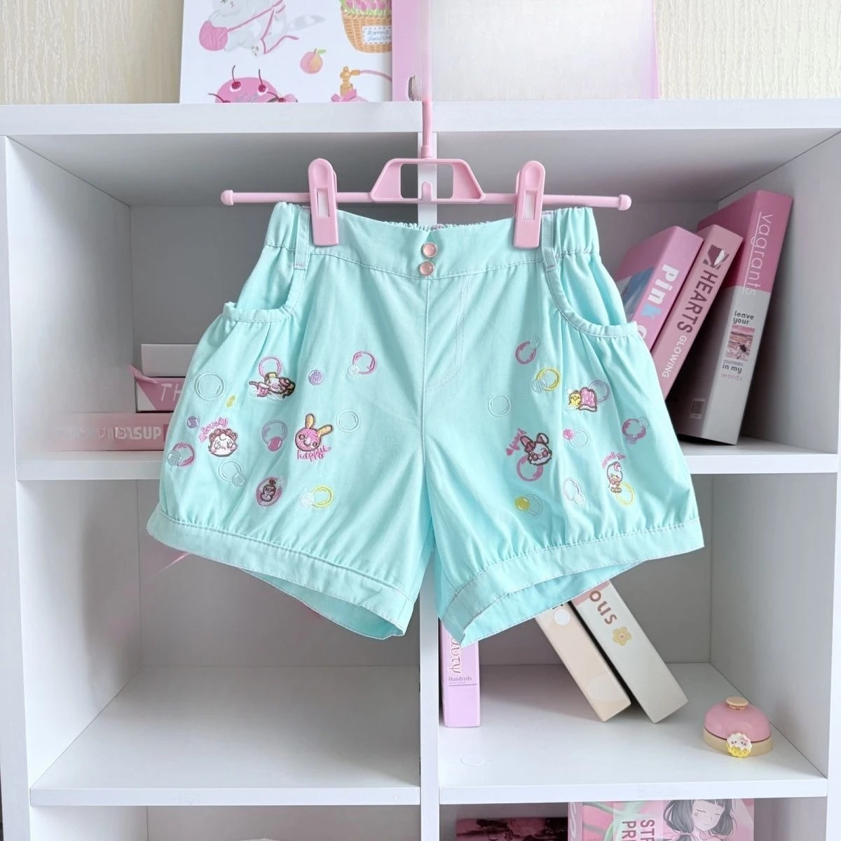 Japaneese Y2K Kawaii Cartoon Bunny Print Women Casual Shorts Women Elastic Waist Bottoms Pocket Rolled Hem Casual Shorts