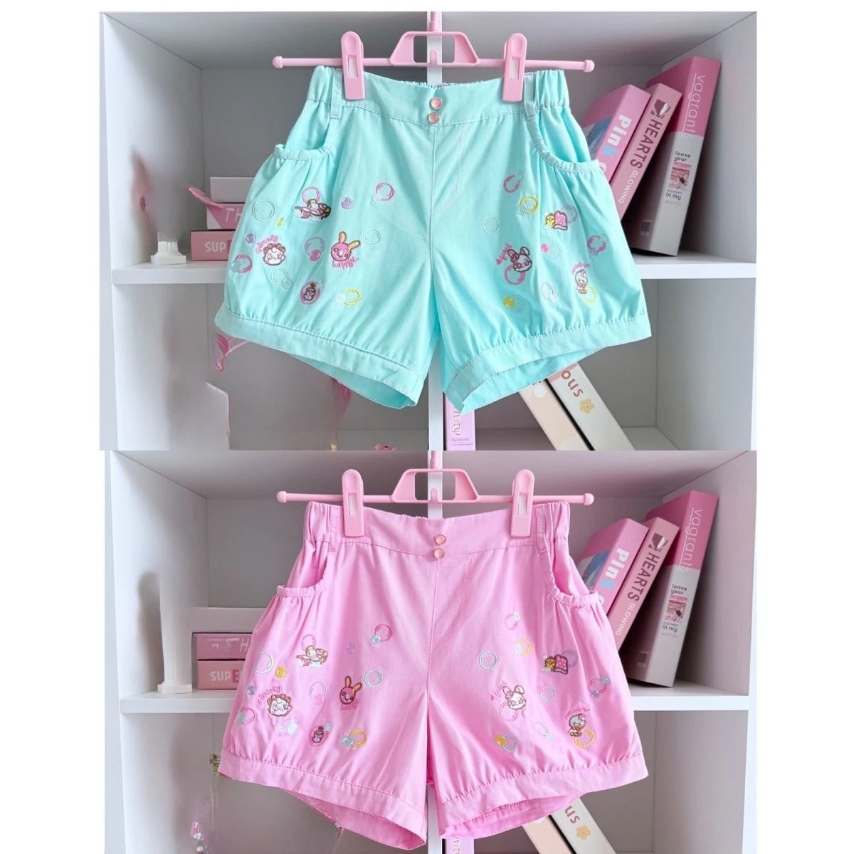 Japaneese Y2K Kawaii Cartoon Bunny Print Women Casual Shorts Women Elastic Waist Bottoms Pocket Rolled Hem Casual Shorts