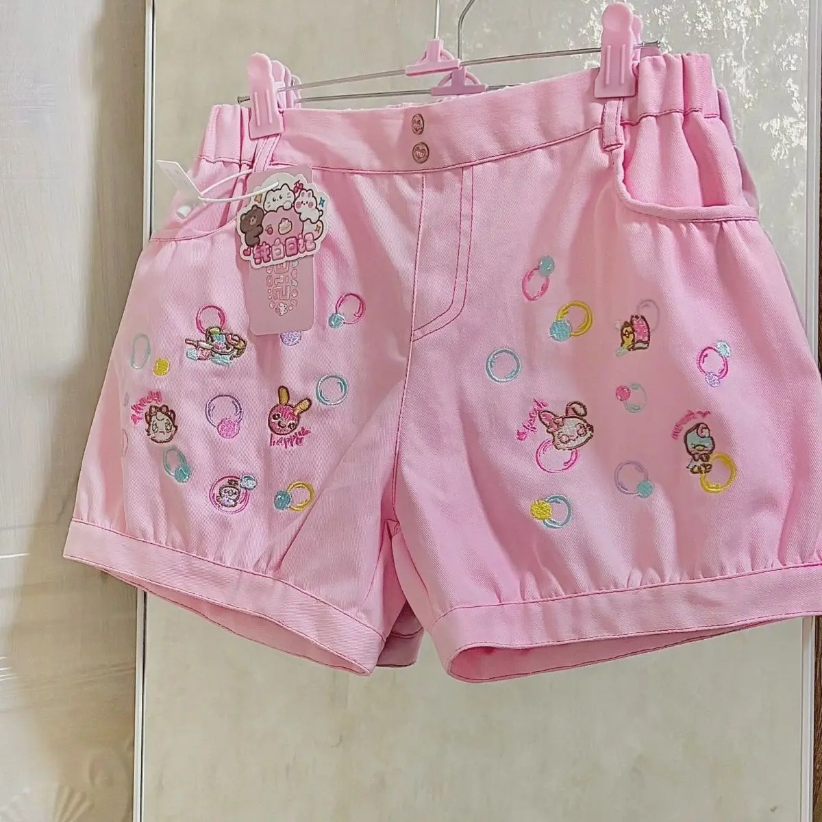 Japaneese Y2K Kawaii Cartoon Bunny Print Women Casual Shorts Women Elastic Waist Bottoms Pocket Rolled Hem Casual Shorts
