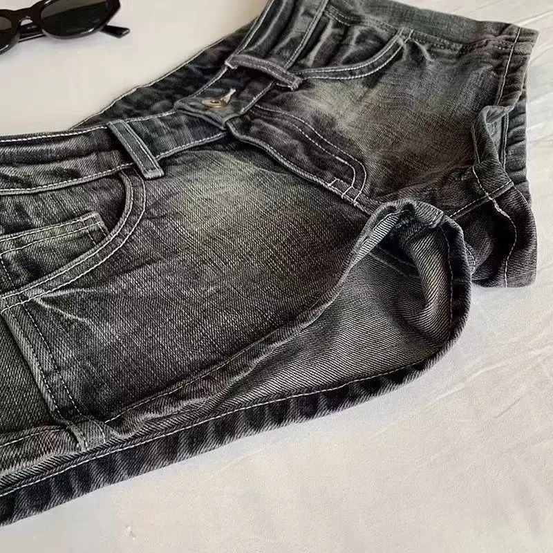 American Retro Harajuku Women's Washed Denim Shorts Y2K Fashion Black Gray Hot Girl Sexy Slim Elastic Tight Low Waist Shorts