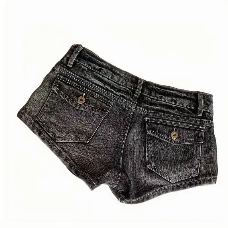 American Retro Harajuku Women's Washed Denim Shorts Y2K Fashion Black Gray Hot Girl Sexy Slim Elastic Tight Low Waist Shorts