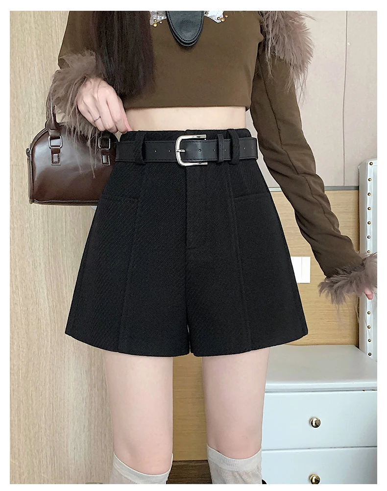 2025 Streetwear Woolen Winter Shorts Woman Casual Loose Wide Leg Short Pants Femme With Belt Booty Grey Black Cargo Shorts Women