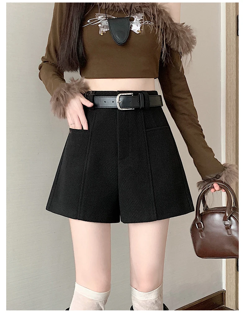 2025 Streetwear Woolen Winter Shorts Woman Casual Loose Wide Leg Short Pants Femme With Belt Booty Grey Black Cargo Shorts Women
