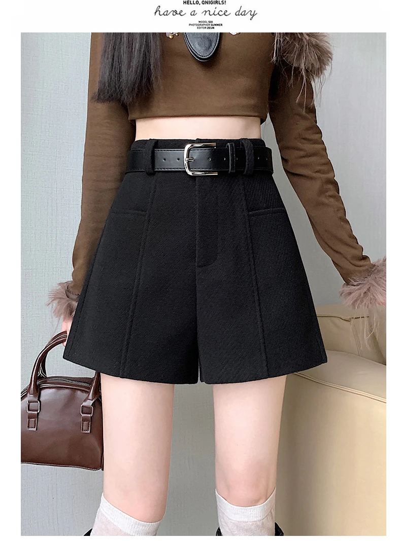 2025 Streetwear Woolen Winter Shorts Woman Casual Loose Wide Leg Short Pants Femme With Belt Booty Grey Black Cargo Shorts Women