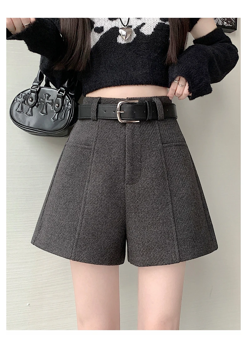 2025 Streetwear Woolen Winter Shorts Woman Casual Loose Wide Leg Short Pants Femme With Belt Booty Grey Black Cargo Shorts Women
