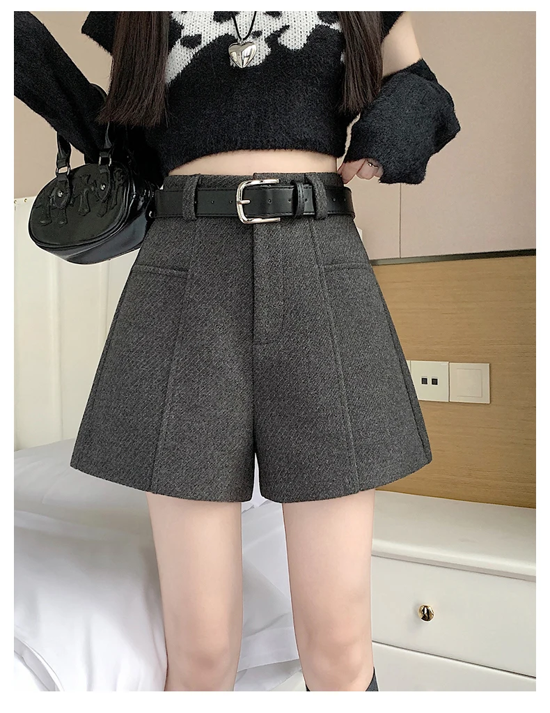 2025 Streetwear Woolen Winter Shorts Woman Casual Loose Wide Leg Short Pants Femme With Belt Booty Grey Black Cargo Shorts Women