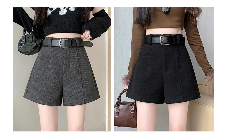 2025 Streetwear Woolen Winter Shorts Woman Casual Loose Wide Leg Short Pants Femme With Belt Booty Grey Black Cargo Shorts Women