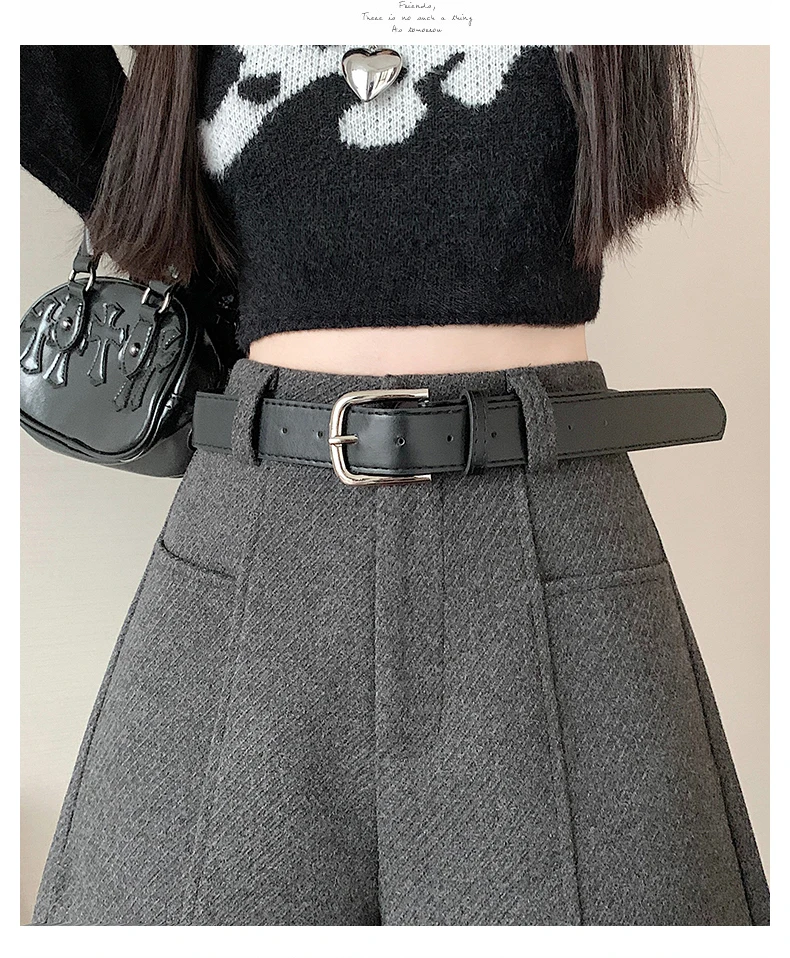 2025 Streetwear Woolen Winter Shorts Woman Casual Loose Wide Leg Short Pants Femme With Belt Booty Grey Black Cargo Shorts Women
