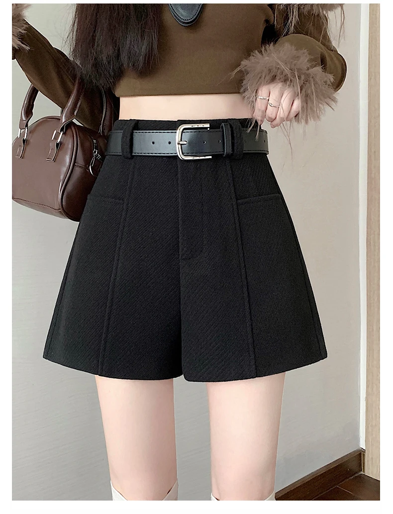 2025 Streetwear Woolen Winter Shorts Woman Casual Loose Wide Leg Short Pants Femme With Belt Booty Grey Black Cargo Shorts Women