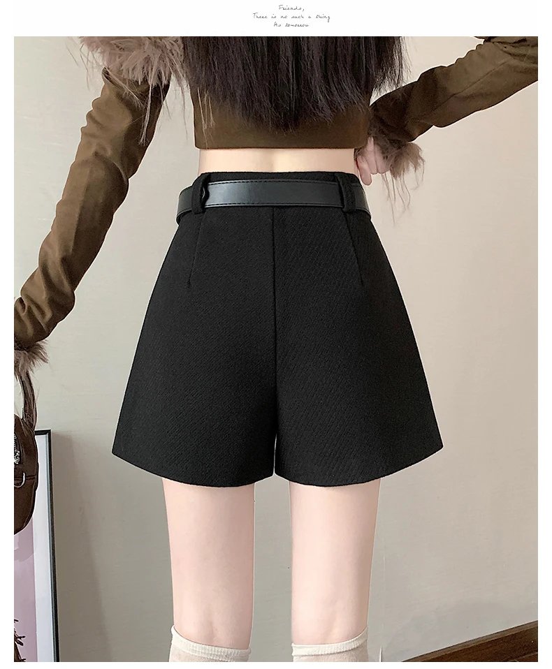 2025 Streetwear Woolen Winter Shorts Woman Casual Loose Wide Leg Short Pants Femme With Belt Booty Grey Black Cargo Shorts Women